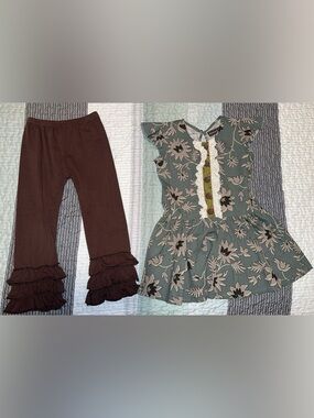 Mustard Pie Green/Brown Floral Peplum Top with Brown Ruffle Leggings girls 8